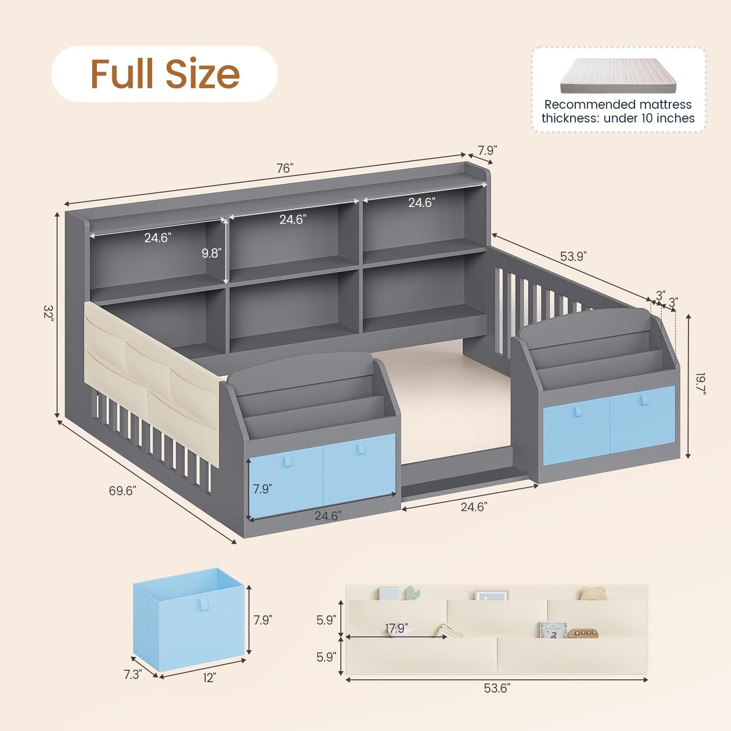 AOGLLATI Full Size Floor Wooden Montessori Bed Frame for Kids Boys Girls with 4 Fabric Drawers, Both Sides Bookshelves, 2-Tier Side Shelf, Side Pockets and Rails, Without Slats, Grey