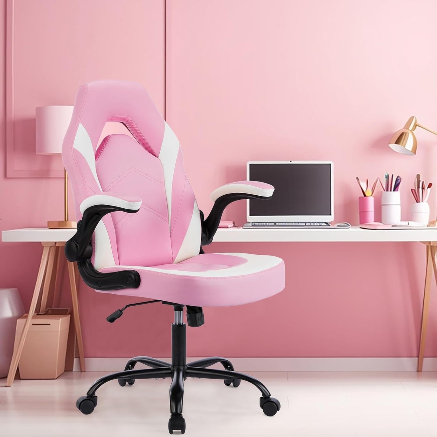 OLIXIS Computer Gaming Desk Chair - Big and Tall Ergonomic Lumbar Support with Flip-up Armrest and 360° Swivel Wheels, PU Leather Height Adjustable, for Home and Office, Pink and White