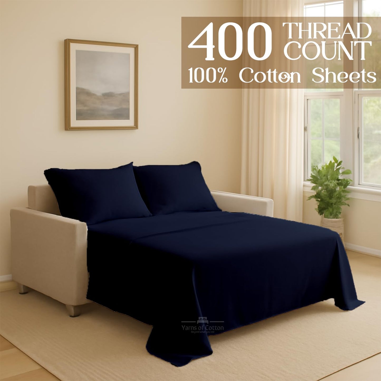 Sleeper Sofa Bed Sheet, 100% Cotton 400 Thread Count, 4 Piece Set, Deep Pocket Fitted Sheet, Soft Wrinkle Free & Breathable, Luxury Hotel Quality, Fits Up to 6 Inch Mattress (Full, Navy Blue)