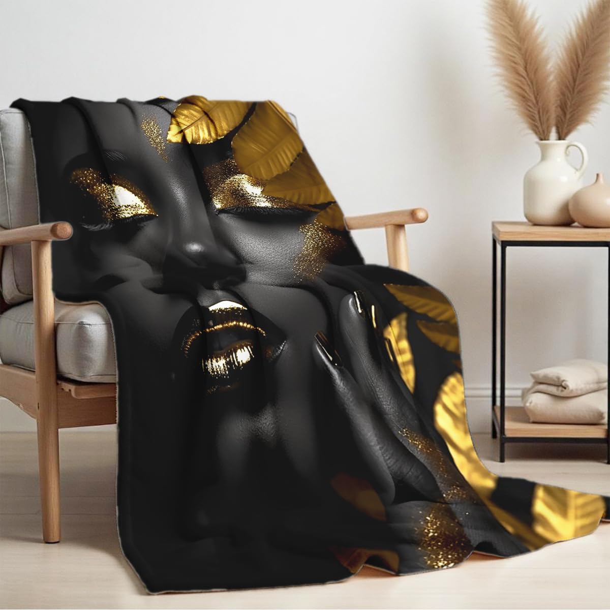 HUNXIAOJ African American Woman Blanket Throw Black Gold Print Flannel Blanket Gifts for Girls Female Women African American Couch Bed Living Room Home Decor 49"x59"