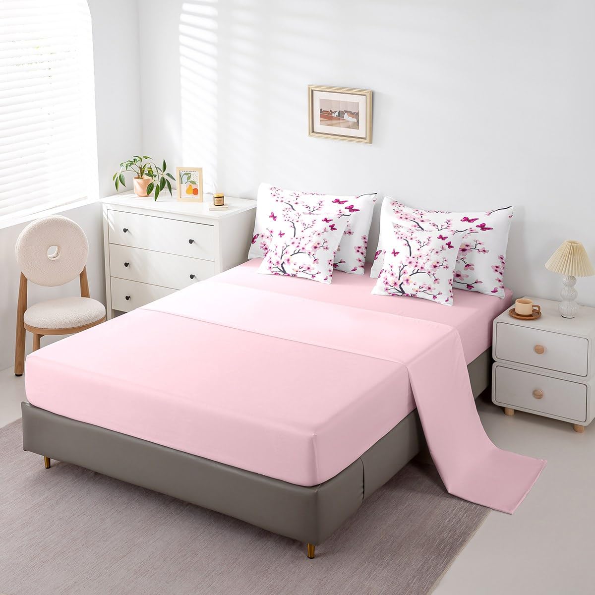 Erosebridal Cherry Blossom Bedding Set,Spring Elegant Flowers Butterfly 7 Piece Comforter Set Queen Bed in a Bag for Girls Women,Girly Japanese Style Quilt Duvet,Botanical Floral Bed Set,Pink Purple