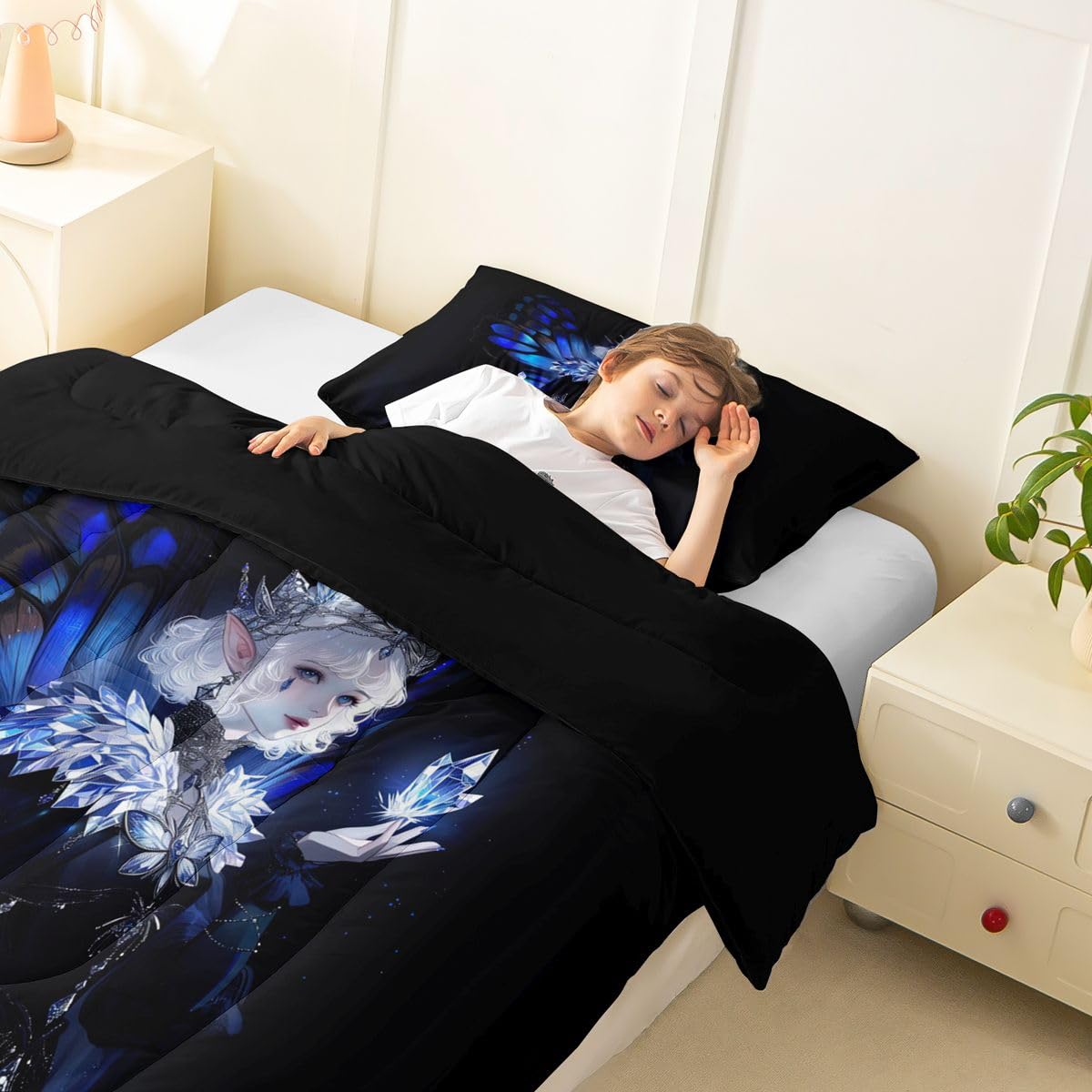 Erosebridal Gothic Girls Comforter Set for Kids Boys Girls A Girl Wearing A Crown Bedding Butterfly Diamond Feather Print Duvet Set Coquette Princess Comforter Twin with 1 Pillowcase