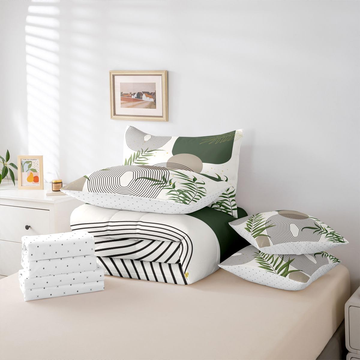 Erosebridal Boho Mid Century King Size 7 Pcs Bedding Set, Abstract Geometric Comforter Set with Sheets, Modern Bohemian Minimalist Bed Sets, Grey Green Circle Contemporary Chic Bed in A Bag