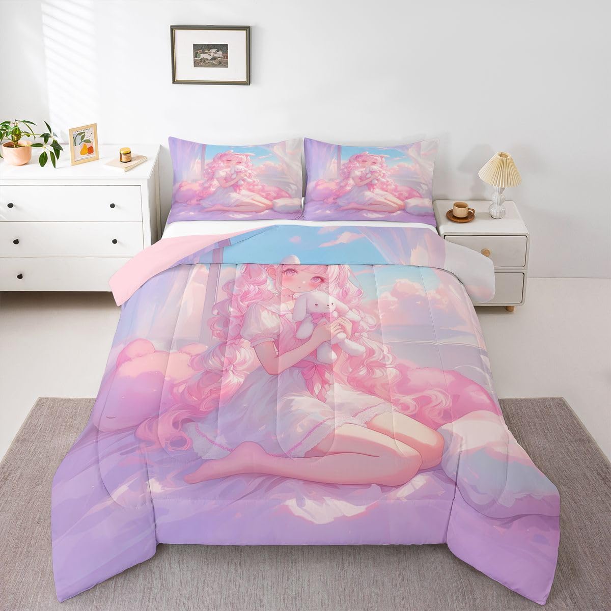 Erosebridal 3D Japanese Girl Bedding Sets Twin - Romance Style Comforter Set for Kids Adults Japanese Anime Girly Duvet Insert Anime Gifts Quilt