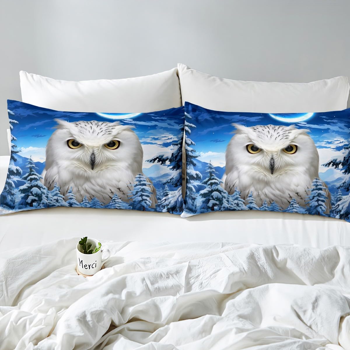 Cute Owl Bedding Set White Bird Bed Sheet Set for Kids Boys Girls Children Moon Stars Snow Trees Fitted Sheet 3D Wild Animal Printed Bed Cover No Flat Sheet Blue Room Decor Full Size 3Pcs