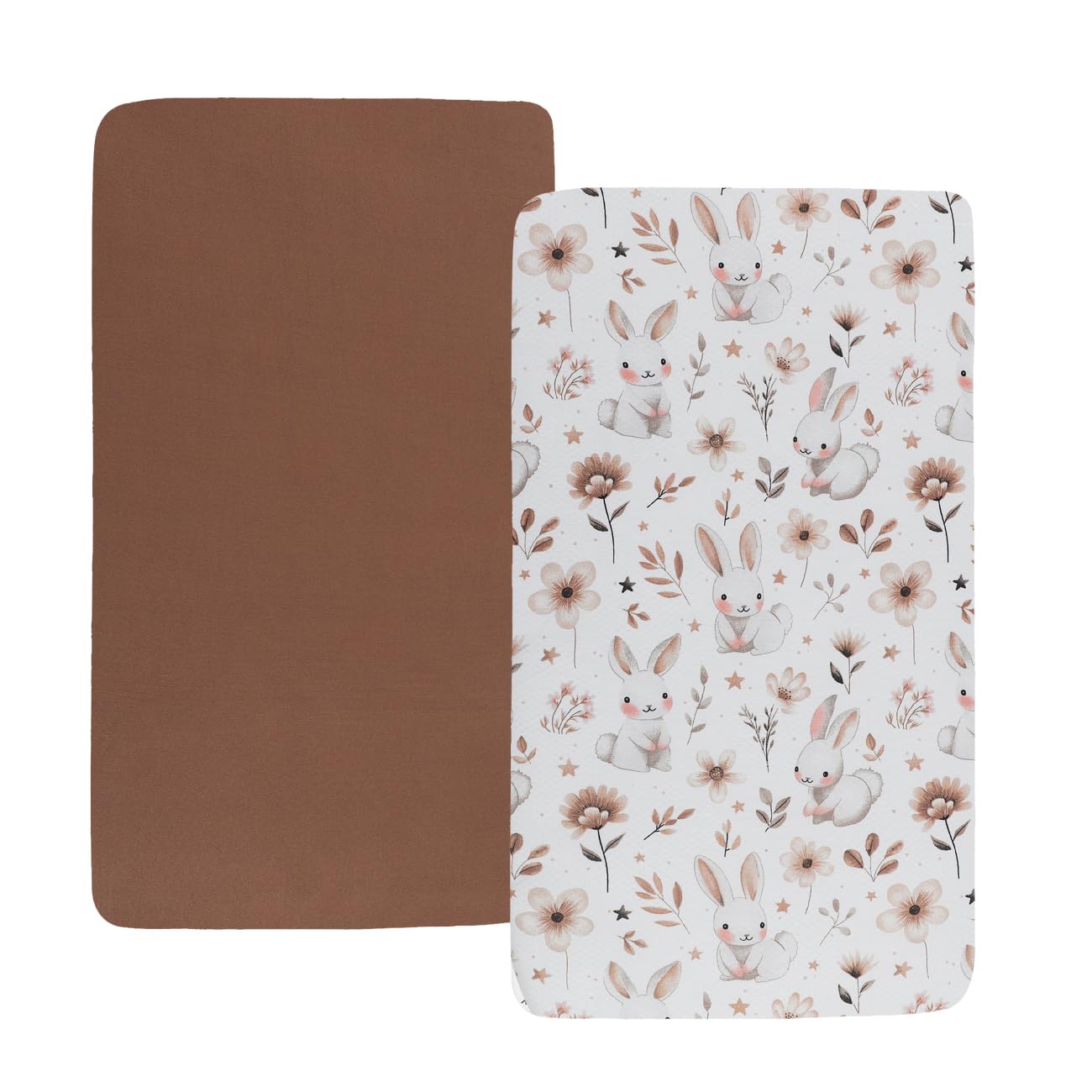 Tontukatu Stretchy Fitted Crib Sheets Set 2 Pack Portable Crib Mattress Topper for Baby Girl Boy,Ultra Soft Jersey Material, Brown & Rabbit