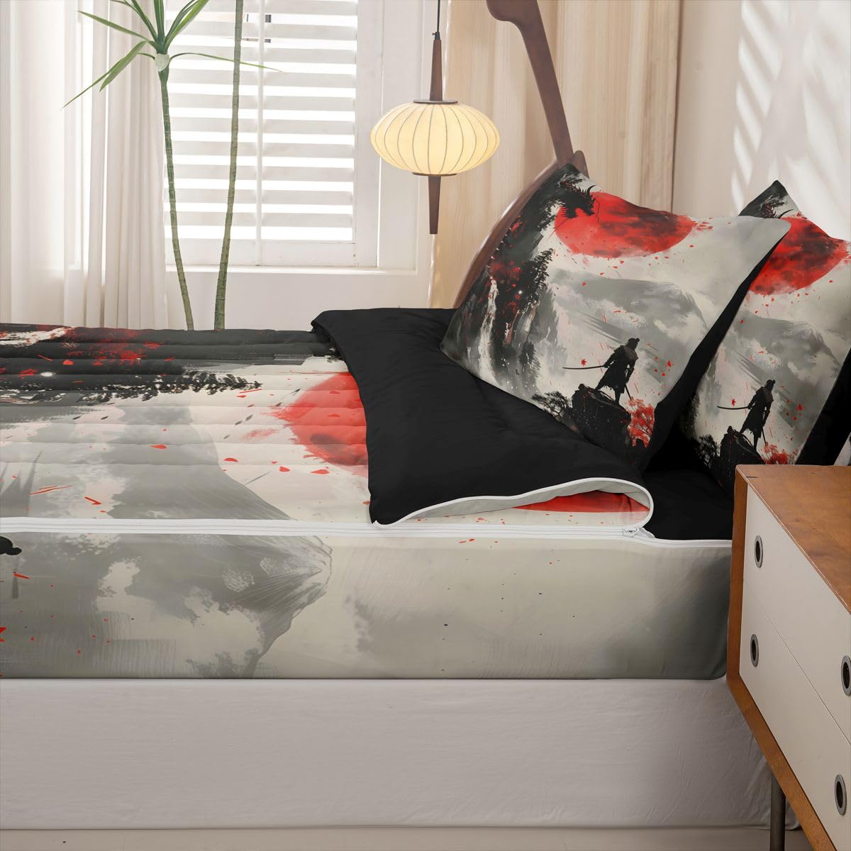Erosebridal Japanese Samurai Zipper Bedding Black Dragon Twin Bed in a Bag Set for Boys Girls Teen Red Sun Mountain Kids Comforter Set with Fitted Sheet Retro Ink Painting Style Zip Up Bedding