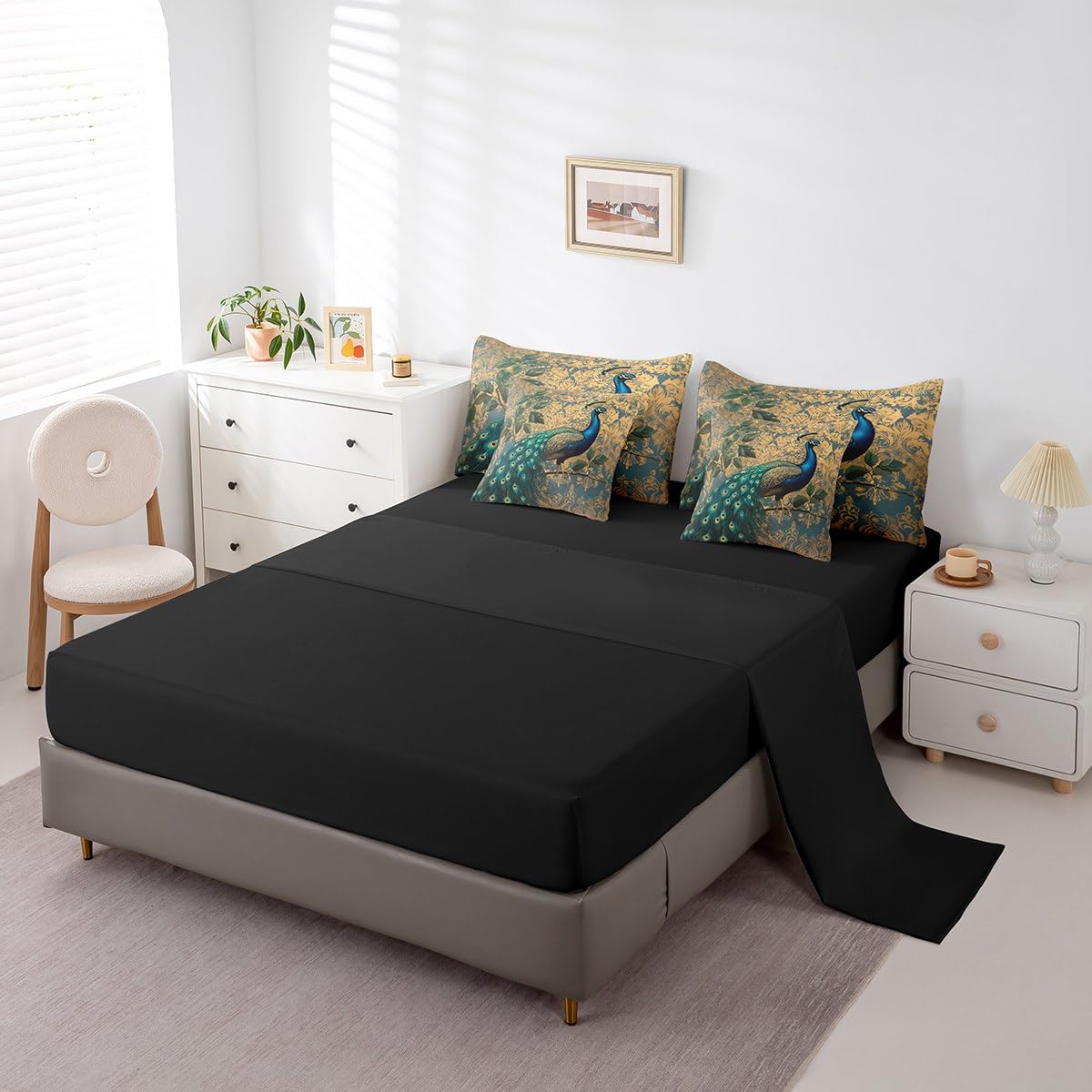 Erosebridal Blue Peacock Comforter Set King Size,Elegant Damask Bedding Set for Kids Teens,Bird and Floral (Comforter+Fitted+Flat Sheet+2 Pillowcases+2 Throw Pillow Covers) 7 Pieces Bed Set