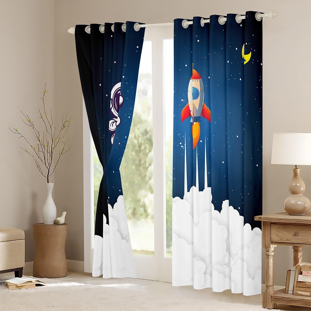 Kids Astronaut Rocket Window Curtains for Bedroom Living Room Cartoon Space Rocket Curtains Galaxy Cosmonaut Spaceman Window Drapes Boys Girls Outer Space Window Treatments,52x84 Inches,2 Panels