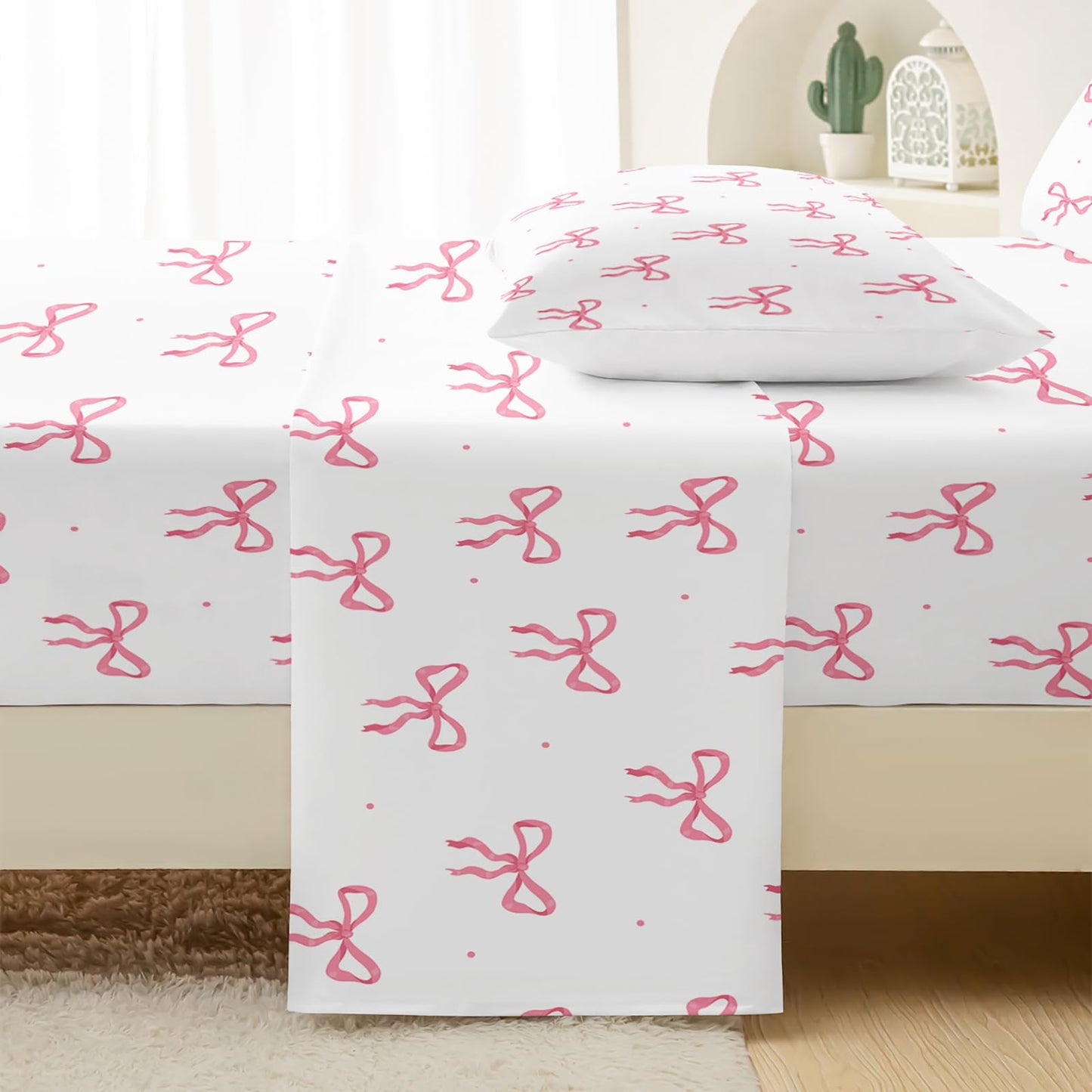QOOMO Bow Kids Sheets Full Size,Bowknot 16" Deep Pocket Bed Sheet Set,Pink Bow Printed Bedroom Decor Bedding Set Soft and Breathable for Boys/Girls/Kids/Teens
