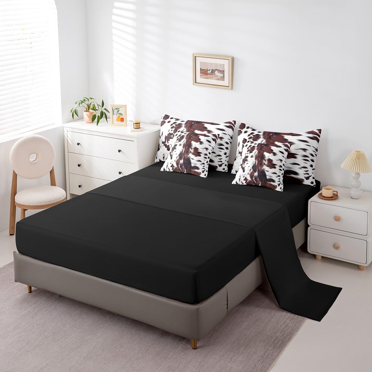 7 Piece Brown Cow Print Bed in a Bag Twin for Boys Girls Teens Western Rustic Farmhouse Theme Sheet Set Wild Animal Fur Print Bedding Set with Comforter, Black White Aztec Cow Print Cushion Covers