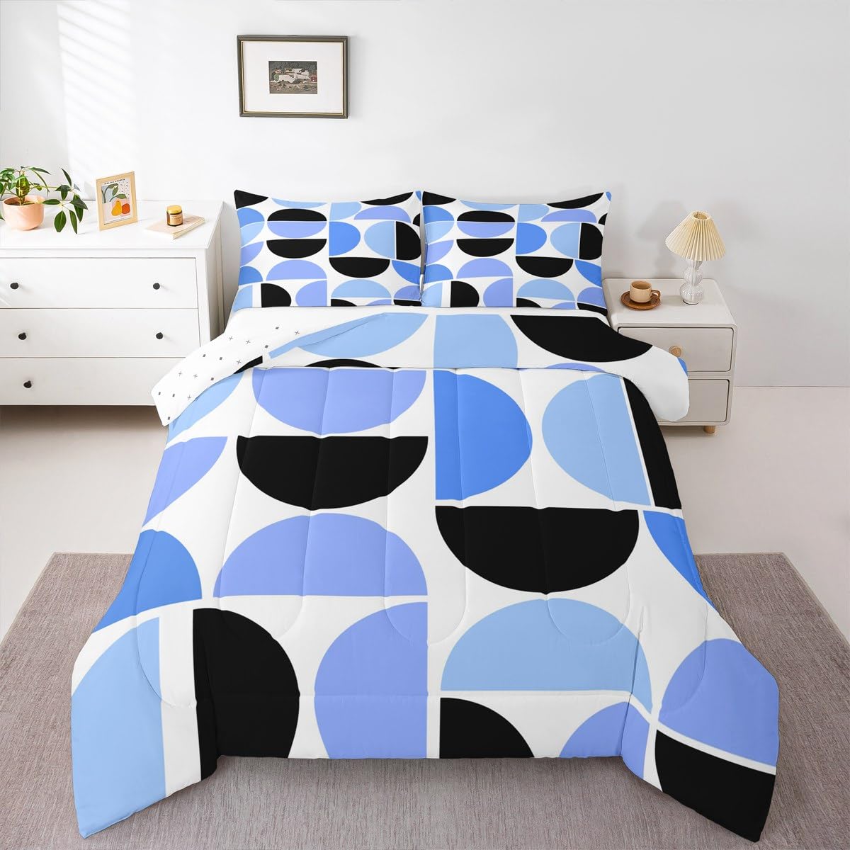 Erosebridal Blue and White Black Comforter Set Mid Century Bedding Set Queen Size,Modern Abstract Geometric Quilt for Kids Boys Girls Adults Retro Boho Art Down Comforter