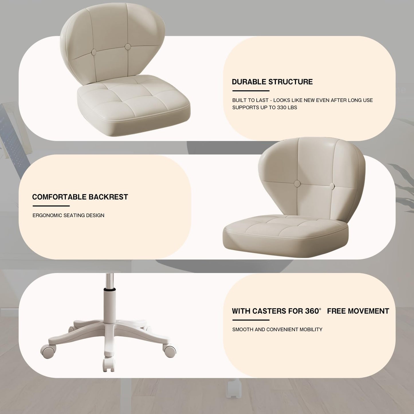 Timbertouch Small Office Chair with Lumbar Support, PU Leather Armless Swivel Desk Chair Adjustable Height, Compact Rolling Chair for Home Office, Bedroom, Study 1White