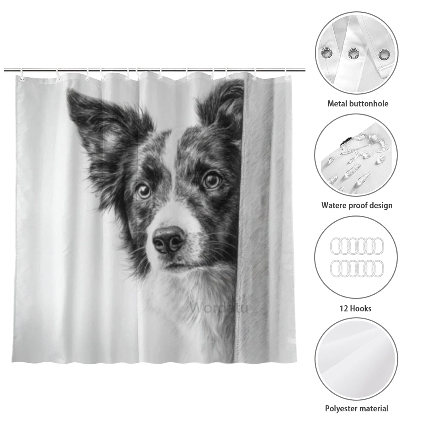 Wordatu Border Collie Shower Curtain Bathroom Set 72x72 Inches Taking a Bubble Bath Animal Bath Animal Pet Dog Art Home Decor 12 Hooks