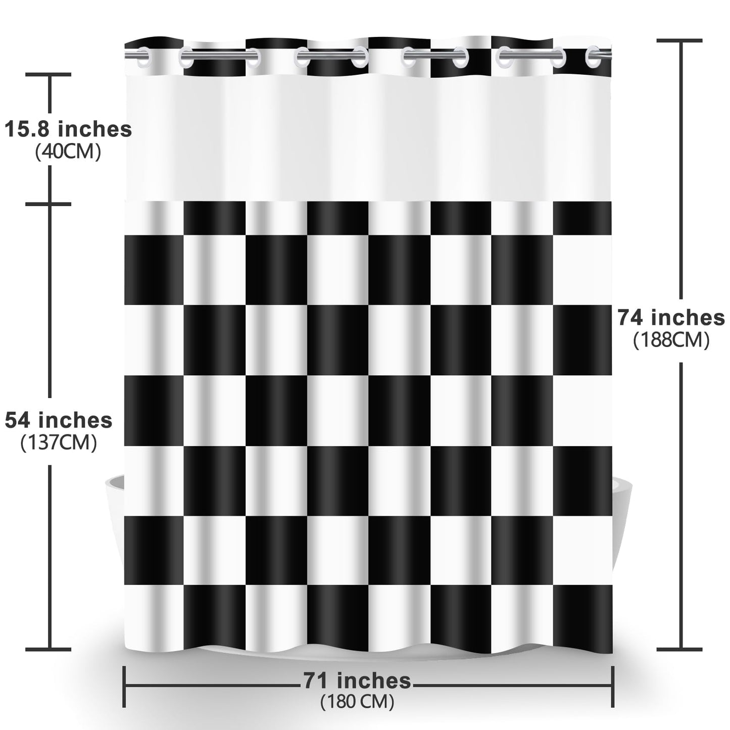 Black and White Checkered No Hook Shower Curtain Modern Aesthetic College Style Buffalo Plaid Checkerboard Block Print Hookless Shower Curtain Set for Hotel Bathroom Shower Room 71x74 Inches