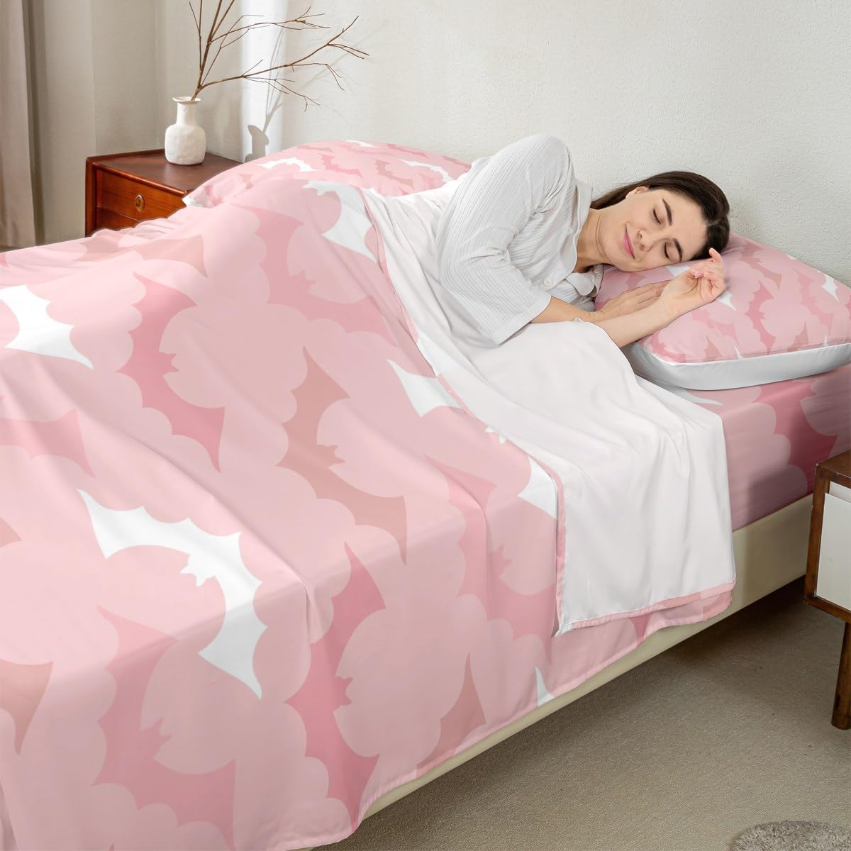 Happy Halloween Theme Kids Sheet Full Size,Cartoon Bats Silhouettes Bedding Set,Boys Girls Adults Room Decor,Gothic Bats Cute Pink Romantic Bed Sheet Set 4pcs(Fitted + Flat + 2 Pillowcases)