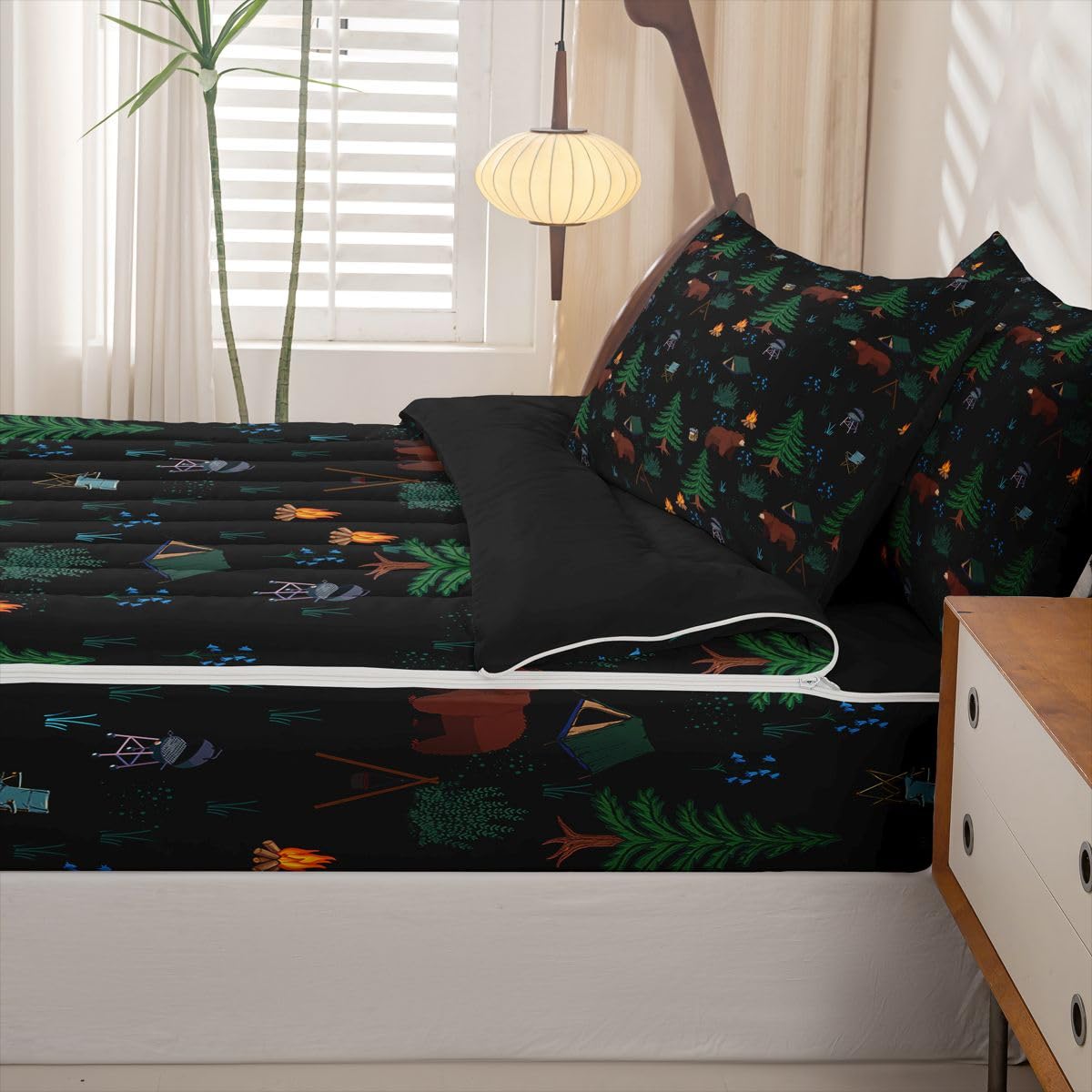 Erosebridal Hunting Bear Twin Zipper Bedding Happy Camping Comforter Set with Fitted Sheet Kids Camper Theme 3 Pcs Bed in a Bag Set Wild Animals Pine Tree Woodland Zip Up Bedding Sets