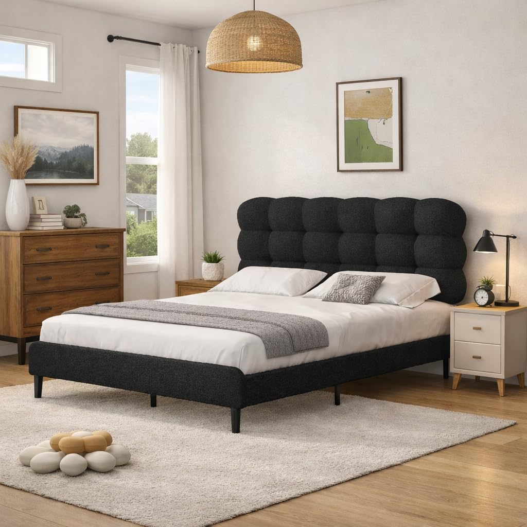 BarnFurin Queen Bed Frame, Platform Bed with Soft Boucle Upholstered Headboard, Two Bed Forms Design, Wooden Slats Support, No Boxing Spring Needed, Easy Assembly, Black