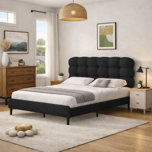 BarnFurin Queen Bed Frame, Platform Bed with Soft Boucle Upholstered Headboard, Two Bed Forms Design, Wooden Slats Support, No Boxing Spring Needed, Easy Assembly, Black