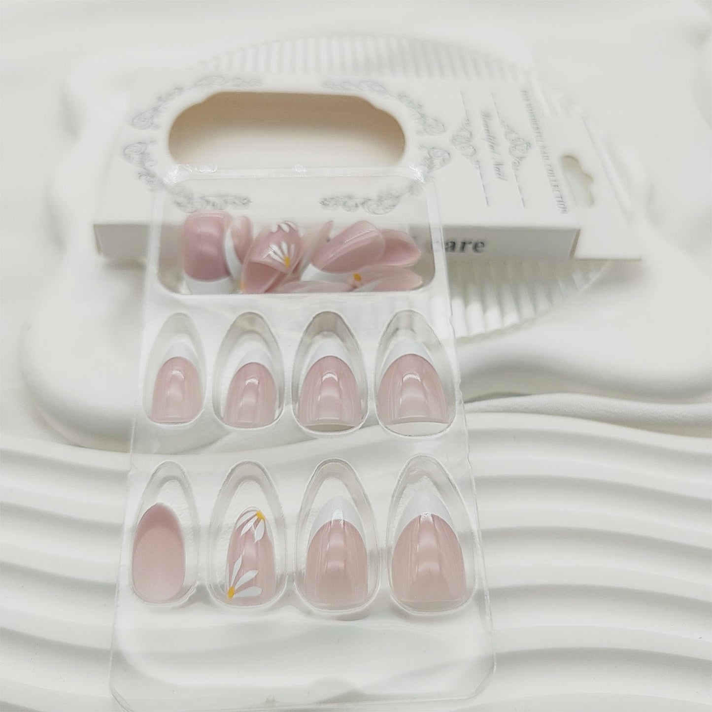 French Tip Press on Nails Short Almond Fake Nails White Stick on Nail with Simple Flower Design Glossy Glue on Nail Women Summer Manicure 24Pcs