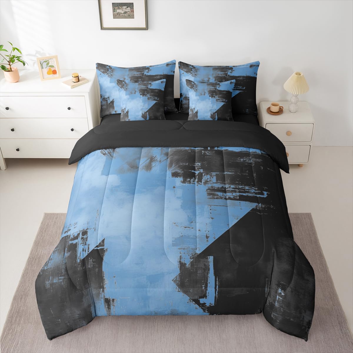 Feelyou Abstract Comforter Set with Sheets 7 Piece King Size Modern Abstract Art Bedding Set for Kids Boys Girls Luxury Bed in a Bag Geometric Room Decor Deep Blue Soft Lightweight Microfiber