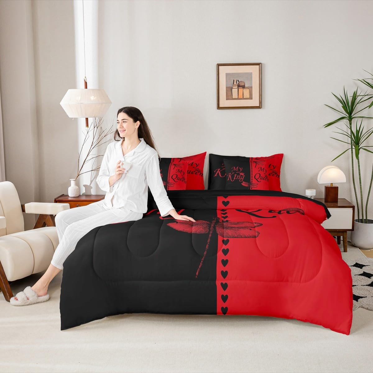 Dragonfly Bed in a Bag Queen Comforter Set 7 Piece | King and Queen Bedding Sets Couples Gifts for Men Women Comforter and Sheet Set, Aesthetic Red and Black Bed Sets,Valentines Day Decorations