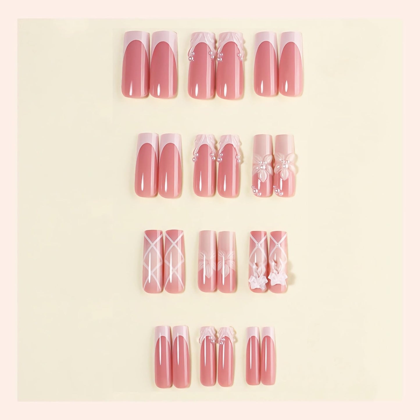 BABALAL Press On Nails, Long Square Fake Nails, Pink French Tip False Nails With 3D White Flower, Bow And Pearl Charm Decor, Reusable Fake Nails Set 24Pcs