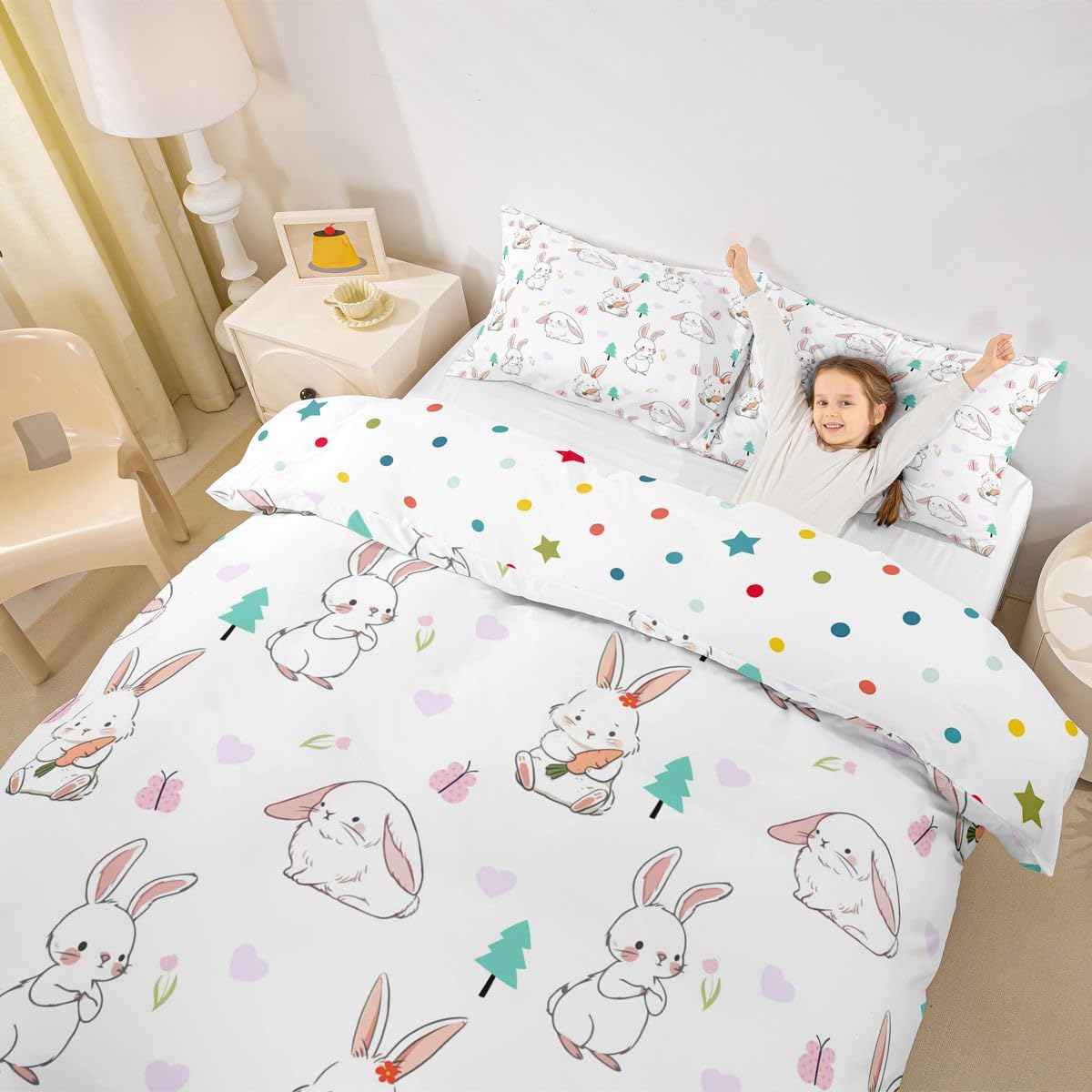 Erosebridal Cartoon Rabbit Duvet Cover Twin Rabbit Carrot Comforter Cover for Kids Teens Heart Pattern Bedding Set Lovely Animal Bed Set
