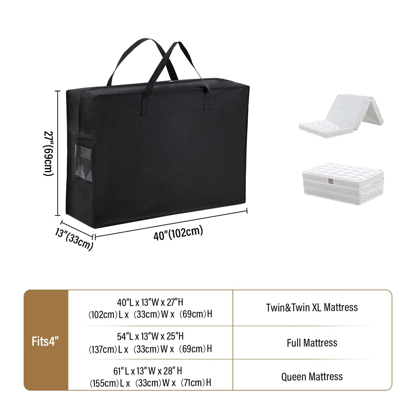 Folding Mattress Storage Bag, Carry Case for Trifold Memory Foam Mattress, Convenient Moving and Travel Storage (Fits4”Twin&Twin XL Mattress, Black)