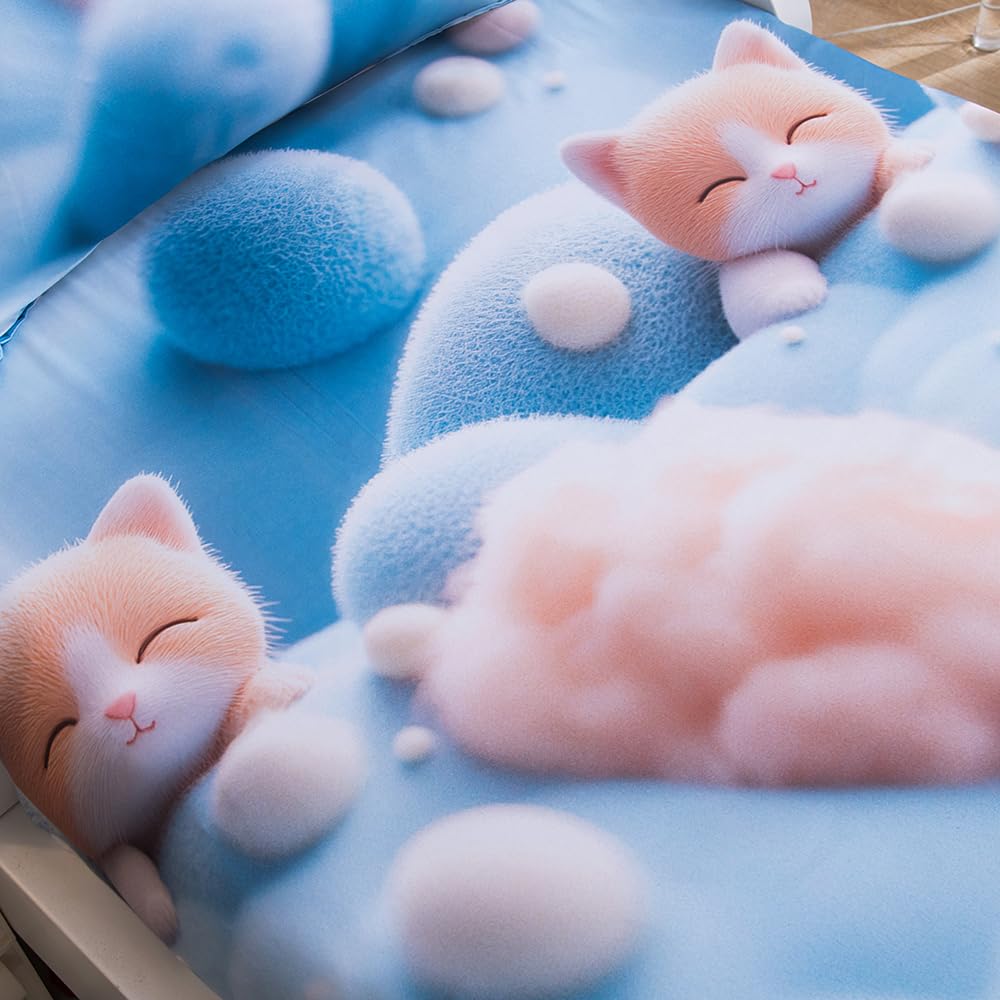 KWLOVER 2PC Soft Bed Fitted Sheet and Pillowcases Set,3D Cute Cats Pattern Printed Bed Sheets for Kids Boys Girls Twin Size Bed (Blue Cats, Twin)