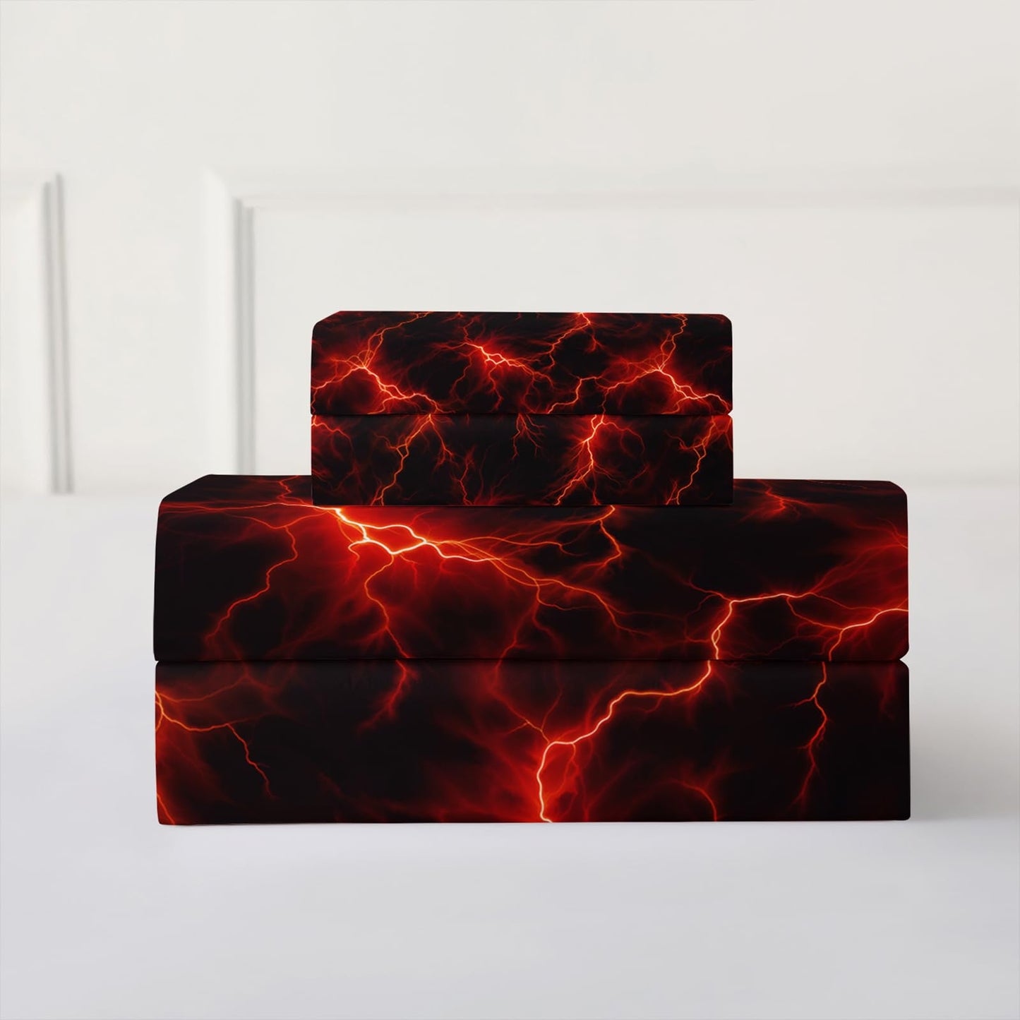 QOOMO Red Lightning Fitted Sheet Set Full Size,Modern Neon Glowing Bedding Set for Kids Boys Girls Teens,Comfy Breathable Cooling Sheet Sets,1 Fitted Sheet, 1 Flat Sheet, 2 Pillow Cases