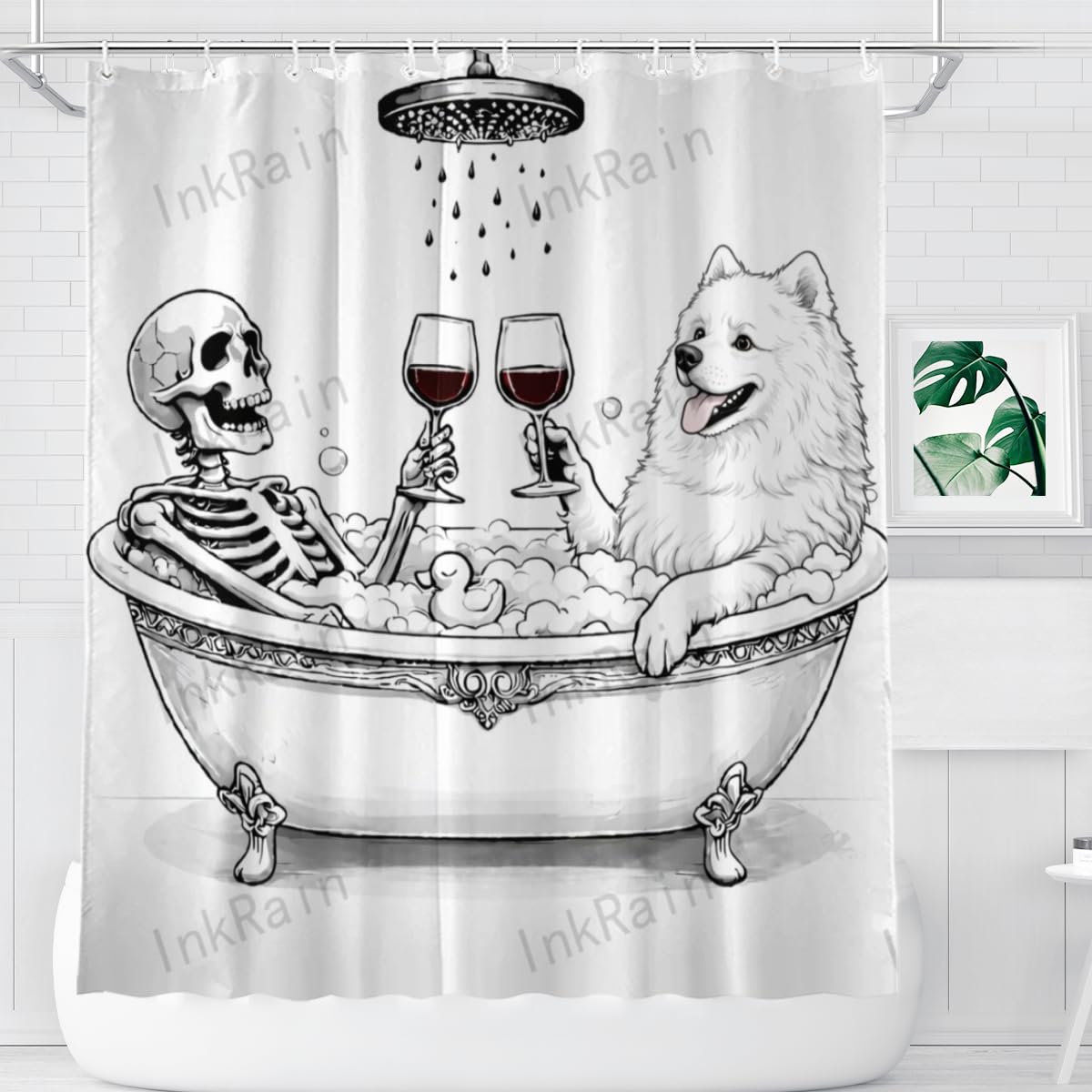 InkRain Gothic Skeleton and Samoyed Shower Curtain Funny Bathtub Wine Art Bathroom Decor Waterproof 72x72 Inch with 12 Hooks Halloween Farmhouse Bath Curtain