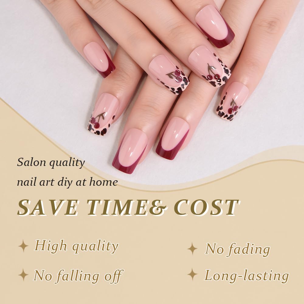 evpct Spring & Summer Press on Nails Medium Square No Glue, Cherry Fake Nails Press ons with 3D Pattern Design, Light Weight Perfectly Fit Fake Nails for Women Gift, Fake Nail Kit with Kits, 24Pcs