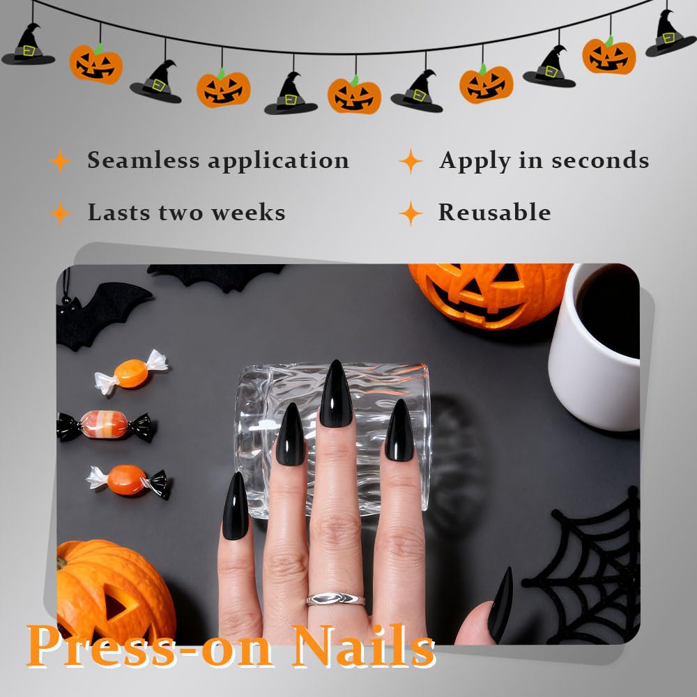 evpct Black Glossy Press on Nails Medium Almond, Glossy Black Fake Nails False Nail Pure Color with Kit, Salon Quality Soft Gel Stick on Acrylic False Soft Nails Reusable Full Cover for Women Manicure