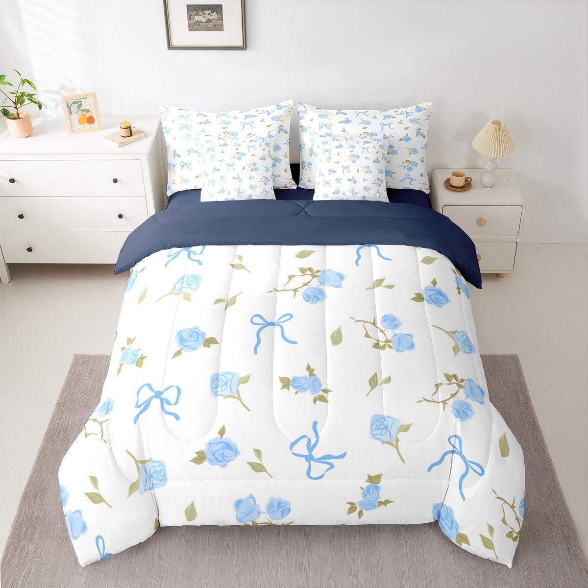 Erosebridal Blue Bow Comforter Set Bow Tie Rose Floral Bed in A Bag Full Size 7 Pieces Girly Bed Set Room Decor Dreamy Kawaii Bedding with Sheets