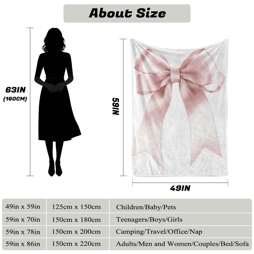 HUNXIAOJ Pink Bow Throw Blanket Bow Gift for Girls Bowknot Blanket Bowknot Bedding Warm Soft Flannel for Girls Boys Woman Teens Adults Bed Sofa Couch (49in x 59in)