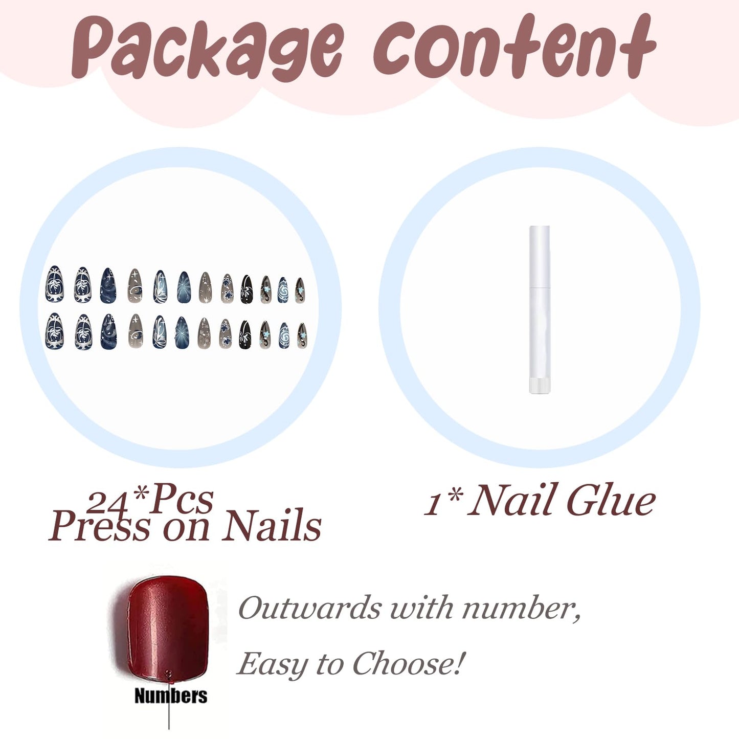 BABALAL Press on Nails Medium Almond Fake Nails Blue Goth Glue ons Silver Chrome Y2k Bow Swirl Design 3D Texture Handmade Supplies Art 24Pcs Glossy Gothic Acrylic Gel False Nails