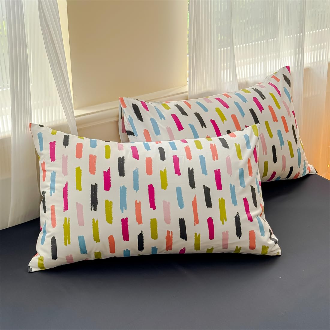 LIWHENHAO Rainbow Striped Duvet Cover Set Queen 100% Cotton Bedding Colorful Blue Red Black Stripe on White 1 Modern Abstract Geometric Comforter Cover Full 2 Pillowcases for Kids Girls Boys Woman
