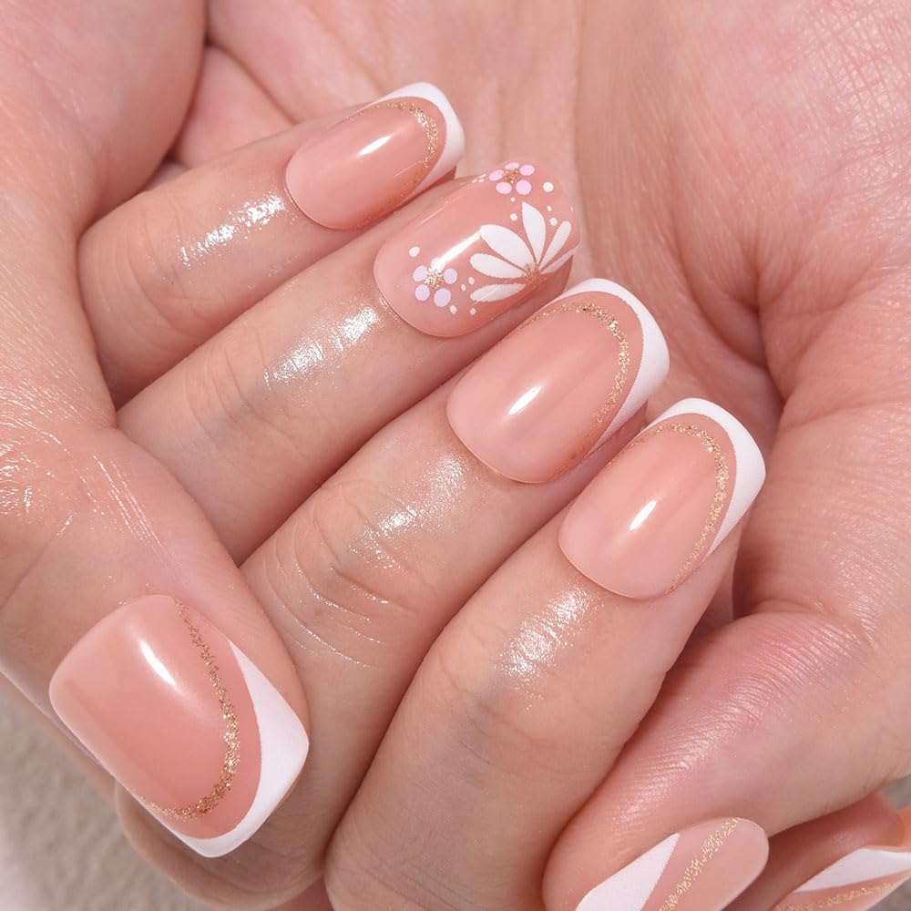 3D French Press on Nails Short Square with Flower Design, Nude Nail + White Tip Glossy Stick on Nails for Women with Kit, Reusable Soft Gel Stick on Fake Nail with Gold Line Designs Perfectly Fit