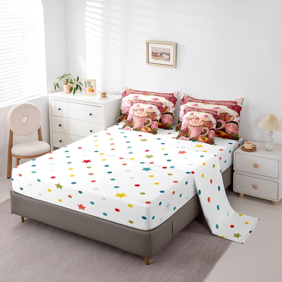 Erosebridal Fruity Cappuccino Comforter Set Full Size,Yummy Coffee Bedding Set for Kids Teens,Oil Painting Fruit (Comforter+Fitted+Flat Sheet+2 Pillowcases+2 Throw Pillow Covers) 7 Pieces Bed Set