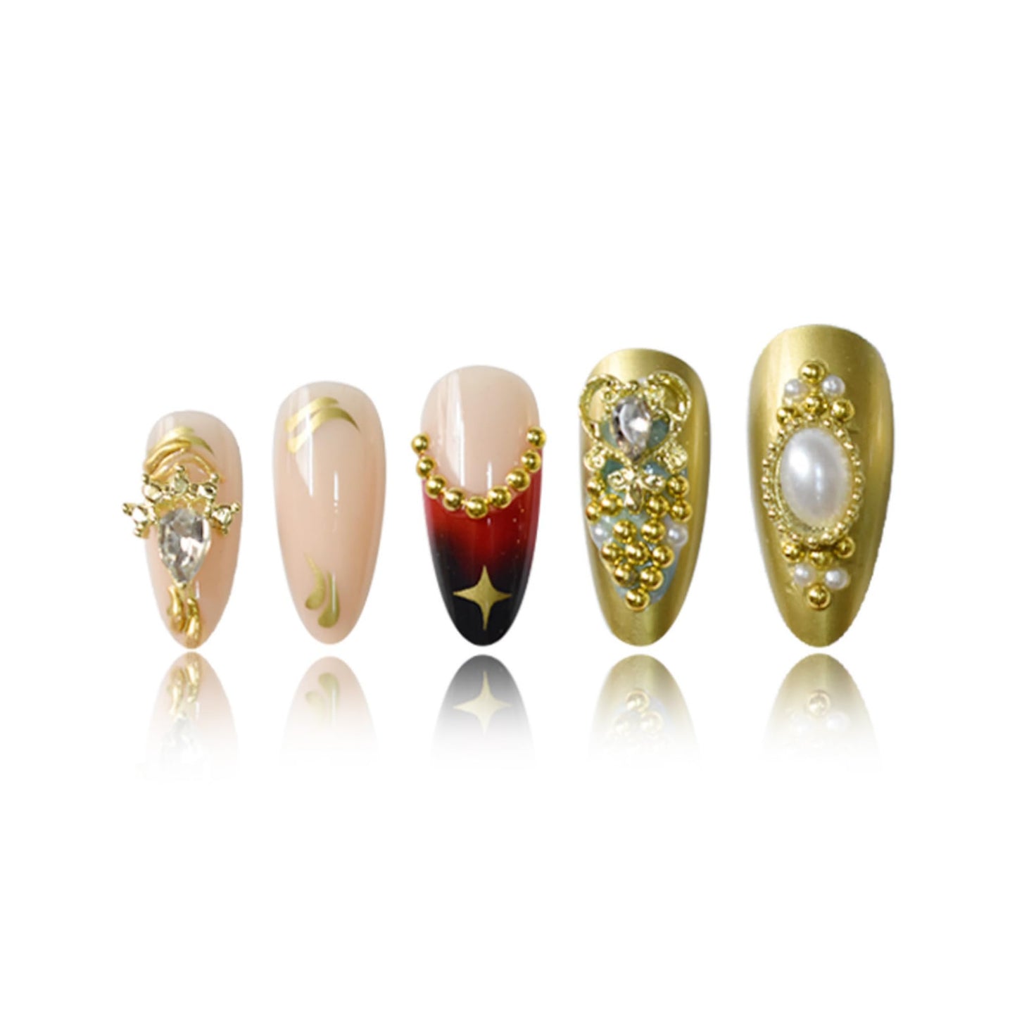 SEENEEY Almond Press on Nails Medium Fake Nails Gold Artificial Nail with Rhinestones and Gold Charm Designs French Tip Sparkly Stick on Nail for Women 24pcs