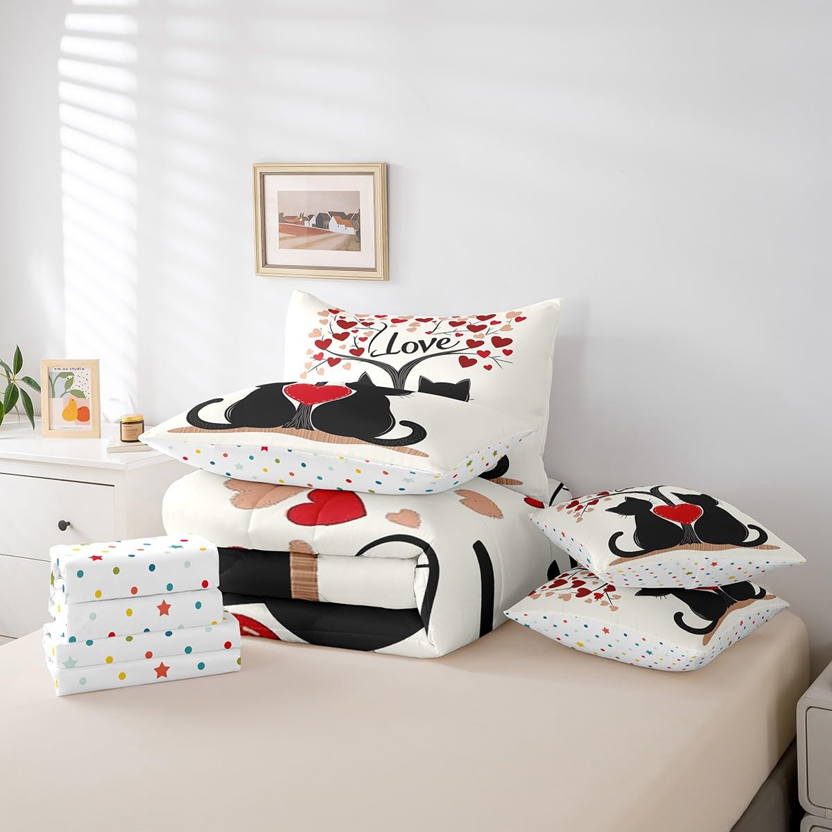 Erosebridal Black Cat Couple Queen Comforter Set with Sheets - Cute Romantic Valentine Day Red Love Bedding Sets 7 Piece Valentines Bed in a Bag Gifts for Kids Girls Boys Women Couples Room Decor