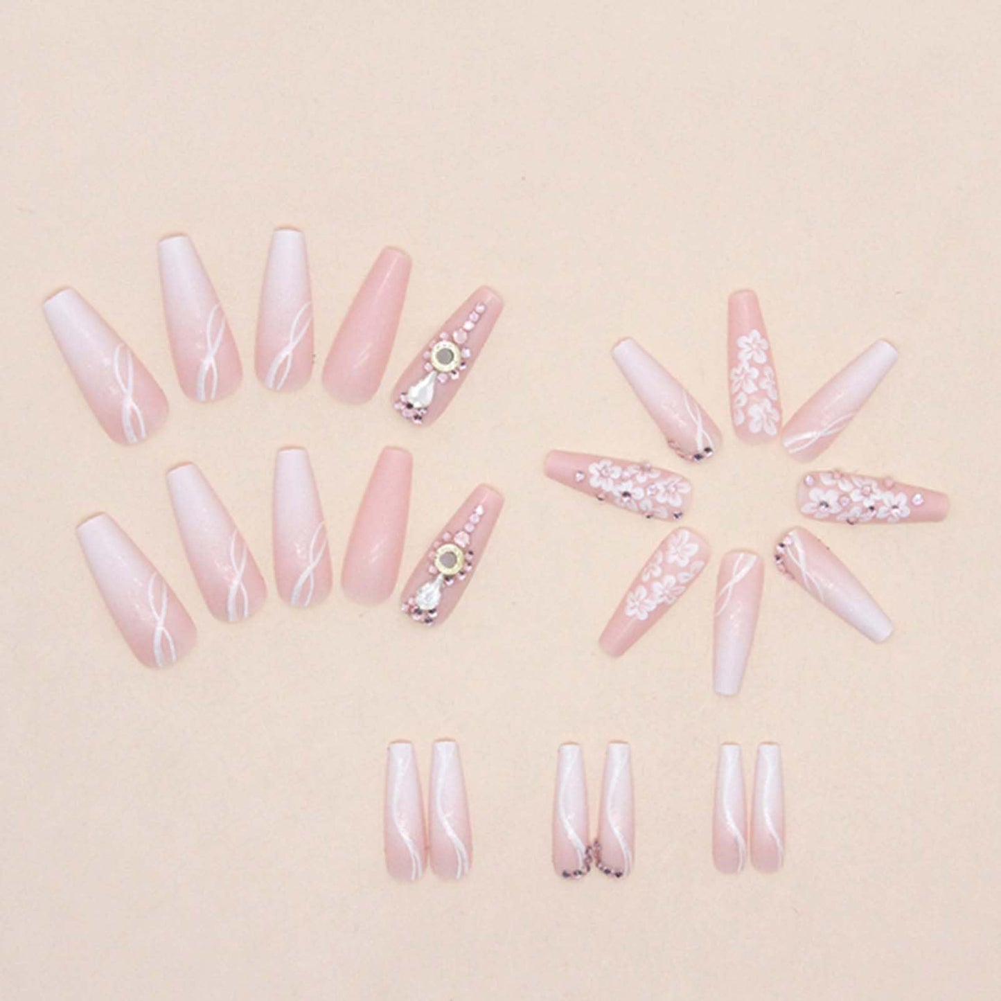 Gifiky Long Coffin False Nails Gradient Press on Nails Daisy Nails Tips Acrylic Crystal Gem Design Fake Nails for Women and Girls 24Pcs