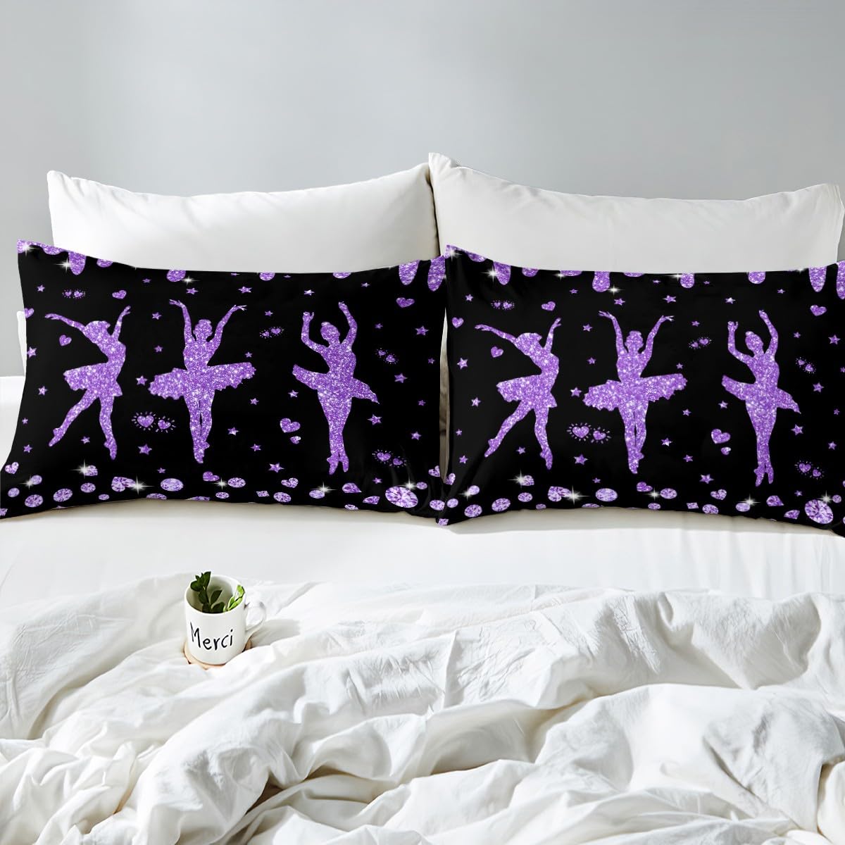 Erosebridal Purple Black Ballet Girls Fitted Sheet Full Ballet Dancer Bedding Set Glitter Sequins Diamond Bed Sheets Gifts for Ballerina,Love Hearts Stars Sheets 2 Pillow Cases Room Decor