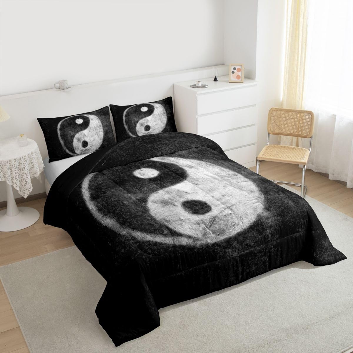 Feelyou Yin Yang Bedding Set for Girls Boys Children Boho Trippy Psychedelic Art Comforter Set Decorative Gossip Pattern Comforter Traditional Ying Yang Theme Duvet Set Twin Size 2Pcs