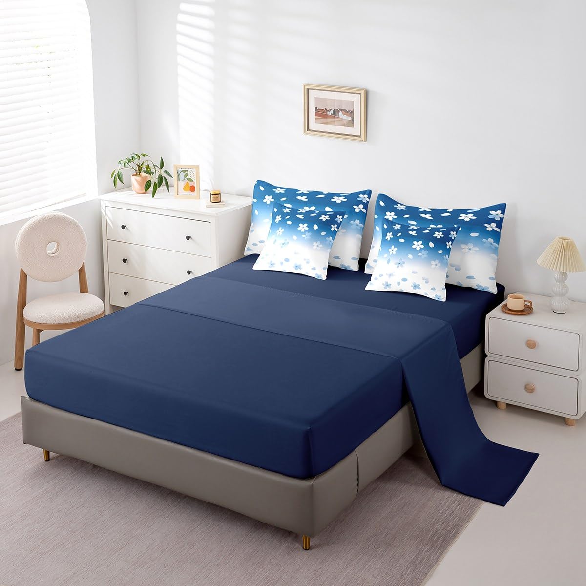 Erosebridal Blue Cherry Blossom Twin Comforter Set 7 Piece Dreamy Sakura Spring Plants Bedding Set Blue White Ombre Bed in A Bag for Kids Boys Girls,Japansese Style Botanical Theme Floral Bed Set