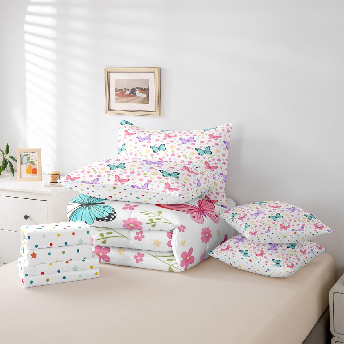 Feelyou Butterfly Comforter Set with Sheets 7 Piece Queen Size Girl Butterfies Floral Bedding Set for Kids Boys Girls Cute Bed in a Bag Garden Plant Room Decor White Pink Purple Soft Lightweight