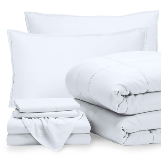 Bare Home Bed-in-A-Bag 7 Piece Comforter & Sheet Set - Queen - Goose Down Alternative - Ultra-Soft 1800 Premium - Bedding Set (Queen, White/White)