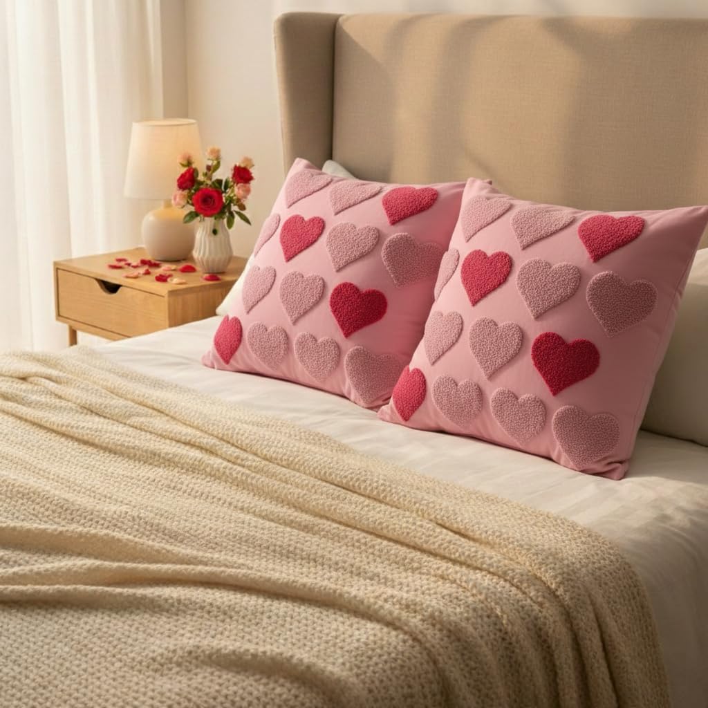 Fjfz Valentines Day Throw Pillow Covers 18 x 18 Inch Set of 2, Valentines Day Decorations Soft Plush Faux Fur Pink Love Hearts Home Decor, Bedroom Living Room Sofa Wedding Couch Cushion Case