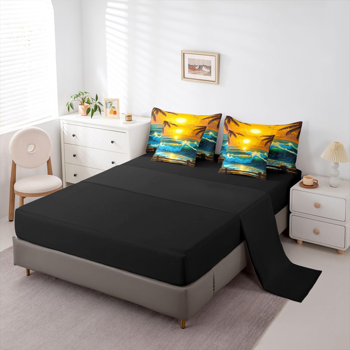 Erosebridal Tropical Sunset Queen Bedding Set Summer Palm Tree Comforter Set Kids Teens Adults Vibrant Sunlight Ocean Wave 7-Piece Bed in a Bag Seagull Beach Travel Quilt Sets